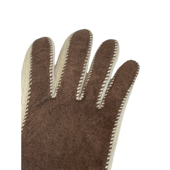 Vintage Suede And Knit Gloves Mittens Beige Cream Brown - Picture 3 of 10